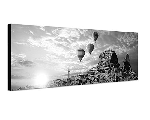 Augenblicke Wandbilder Keilrahmenbild Panoramabild SCHWARZ/Weiss 150x50cm Italien Stadt Berg Heißluftballons Sonne