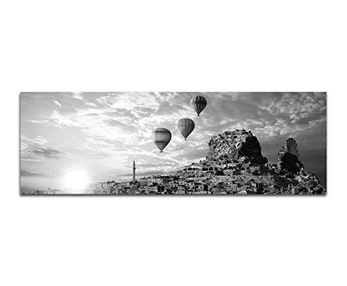 Augenblicke Wandbilder Keilrahmenbild Panoramabild SCHWARZ/Weiss 150x50cm Italien Stadt Berg Heißluftballons Sonne