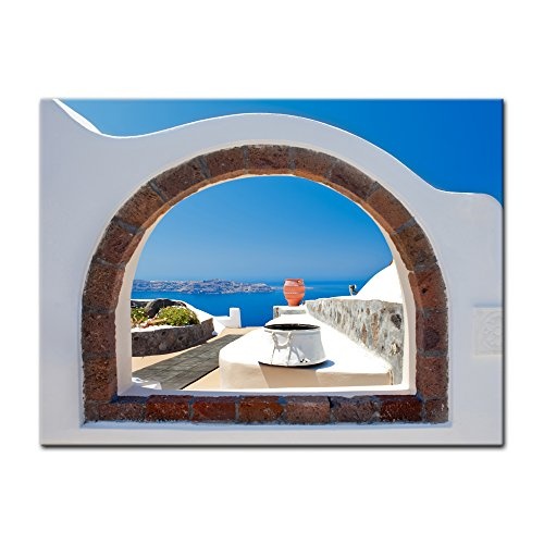 Keilrahmenbild - Window to paradise - Fenster zum Paradies - Bild auf Leinwand - 120x90 cm 1 teilig - Leinwandbilder - Urlaub, Sonne & Meer - Santorin - Griechenland - Ausblick auf die Ägäis - mediterran
