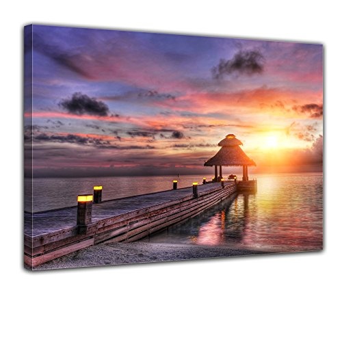 Keilrahmenbild - Sunset Over Maledives - Sonnenuntergang über den Malediven - Bild auf Leinwand - 120x90 cm 1 teilig - Leinwandbilder - Urlaub, Sonne & Meer - Landschaften - Paradies - Wasserpavillon