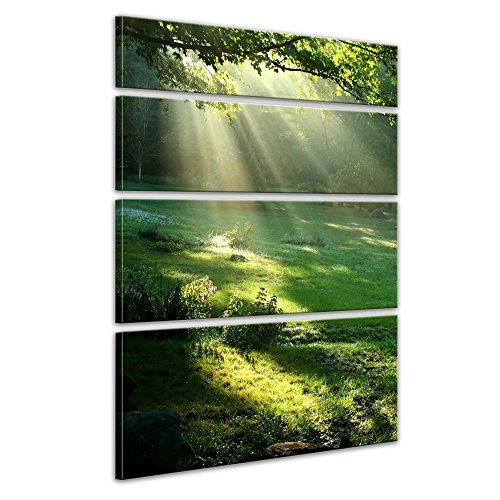 Keilrahmenbild - Wiese - Bild auf Leinwand - 120x180 cm 4 teilig - Leinwandbilder - Bilder als Leinwanddruck - Landschaften - Natur - Sonnenstrahlen auf Einer grünen Wiese