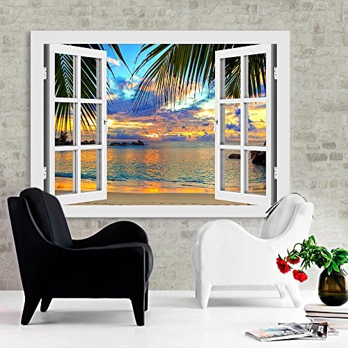 BOIKAL XXL178-2 Optische Täuschung 3D Bild auf Leinwand Fensterblick 60 / 50 cm Weiß - Querformat Farbe + Große 21 Variante ! Sonne, Meer, Strand, Steine