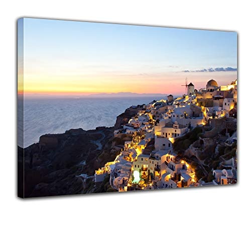 Keilrahmenbild - Oia Village Santorini - Griechenland - Bild auf Leinwand - 120x90 cm - Leinwandbilder - Urlaub, Sonne & Meer - Mittelmeer - Ägäis - Dorf im Sonnenuntergang