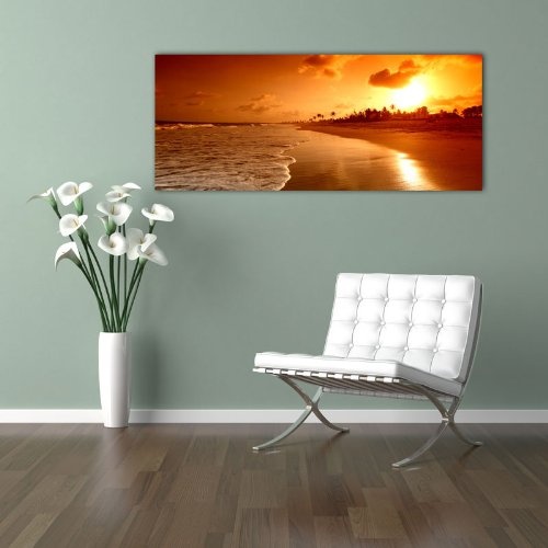Leinwandbild Panorama Nr. 63 Strand in Abendsonne 100x40cm, Keilrahmenbild, Bild auf Leinwand, Kunstdruck Romantik Meer Welle Sonne