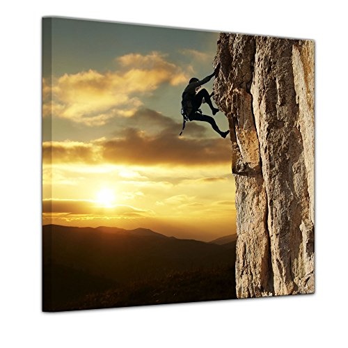 Keilrahmenbild - Bergsteiger im Sonnenuntergang - Bild auf Leinwand - 80 x 80 cm - Leinwandbilder - Bilder als Leinwanddruck - Landschaften - Sport - Klettern im Gebirge