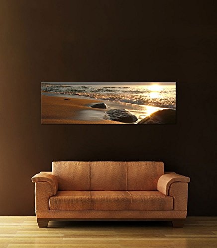 Keilrahmenbild - Goldener Strand - Bild auf Leinwand - 160 x 50 cm - Leinwandbilder - Bilder als Leinwanddruck - Urlaub, Sonne & Meer - Steine an Einem Strand