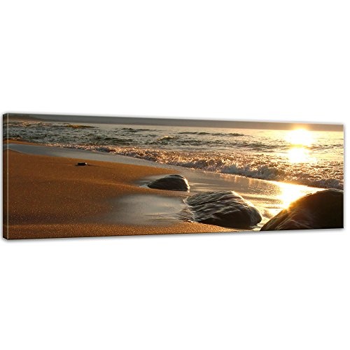 Keilrahmenbild - Goldener Strand - Bild auf Leinwand - 160 x 50 cm - Leinwandbilder - Bilder als Leinwanddruck - Urlaub, Sonne & Meer - Steine an Einem Strand