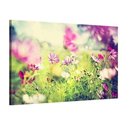 ge Bildet® hochwertiges Leinwandbild Pflanzen Bilder - Frühling - Blumen Natur Wiese rosa pink bunt - 70 x 50 cm einteilig 2207 L