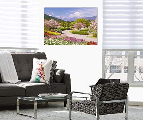 Topquadro Wandbild, Leinwandbild 70x50cm, Garten in den Alpen, Bäume Blumen und Berge - Keilrahmenbild, Bild auf Leinwand - Einteilig, Fertig zum Aufhängen