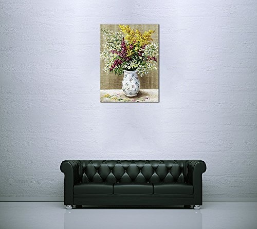 Keilrahmenbild - Stillleben - Wildblumen in weisser Vase - Bild auf Leinwand 90 x 120 cm einteilig - Leinwandbilder - Bilder als Leinwanddruck - Pflanzen & Blumen - Malerei - Strauß aus Wiesenblumen