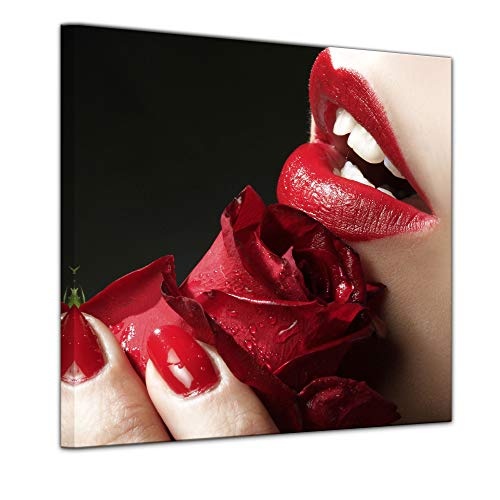 Keilrahmenbild - Smell and Beauty - Bild auf Leinwand - 80 x 80 cm - Leinwandbilder - Bilder als Leinwanddruck - Akt & Erotik - Rose und roter Mund