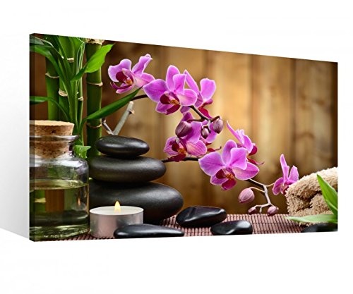 Leinwandbild 1 Tlg XXL Wellness Öl Massage Steine Feng Shui Spa Orchidee Blume Leinwand Bild Leinwandbilder Holz 9O722, XL 1Tlg BxH:100cmx60cm