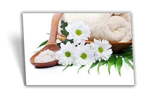 Medianlux Leinwand-Bild Keilrahmen-Bild SPA-Wellness Bade-Salz Hand-Tuch Blumen Schale Weiß Grün, 80 x 40cm (BxH)