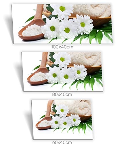 Medianlux Leinwand-Bild Keilrahmen-Bild SPA-Wellness Bade-Salz Hand-Tuch Blumen Schale Weiß Grün, 80 x 40cm (BxH)