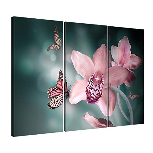 ge Bildet® hochwertiges Leinwandbild XXL - Orchideen mit Schmetterlingen - 120 x 80 cm mehrteilig (3 teilig) 1081
