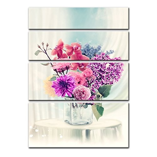 Keilrahmenbild - Blumen in Einer Vase - Bild auf Leinwand 120 x 180 cm vierteilig - Leinwandbilder - Bilder als Leinwanddruck - Pflanzen & Blumen - Malerei - rote und Violette Blumen