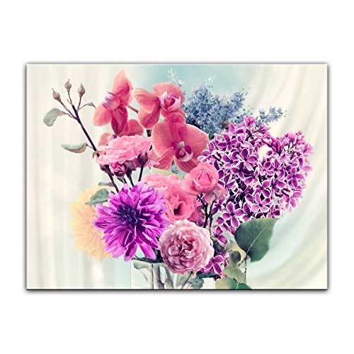 Keilrahmenbild - Blumen in Einer Vase - Bild auf Leinwand 120 x 90 cm einteilig - Leinwandbilder - Bilder als Leinwanddruck - Pflanzen & Blumen - Malerei - rote und Violette Blumen