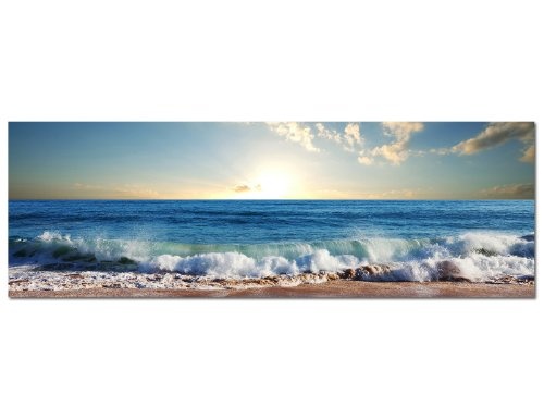 Augenblicke Wandbilder Keilrahmenbild Wandbild 150x50cm Meer Strand Wellen Sonnenuntergang Wolken