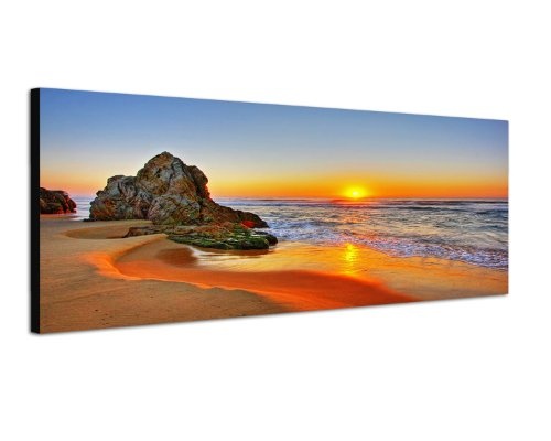 Augenblicke Wandbilder Keilrahmenbild Wandbild 150x50cm Strand Meer Sonnenaufgang Fels