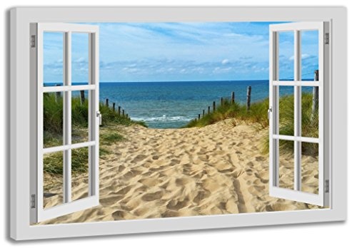 Ayra- Leinwandbild Wandbild Fensterblick Keilrahmenbild Strand Nordsee Meer- fertig gerahmt! kein Poster (80x60x2cm weiß)