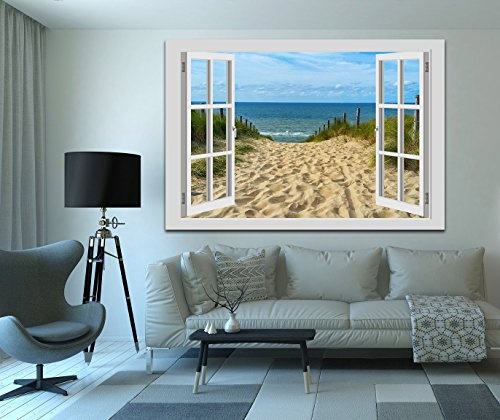 Ayra- Leinwandbild Wandbild Fensterblick Keilrahmenbild Strand Nordsee Meer- fertig gerahmt! kein Poster (80x60x2cm weiß)