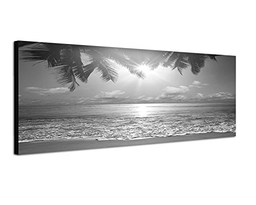 Augenblicke Wandbilder Keilrahmenbild Panoramabild SCHWARZ/Weiss 150x50cm Tropen Strand Meer Palme Abendsonne