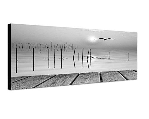 Augenblicke Wandbilder Keilrahmenbild Panoramabild SCHWARZ/Weiss 150x50cm Meer Holzsteg Möwe Sonnenuntergang
