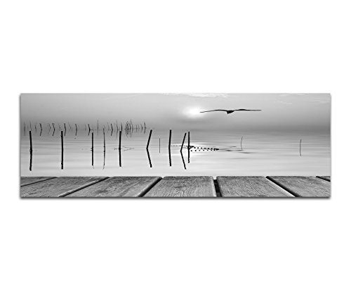 Augenblicke Wandbilder Keilrahmenbild Panoramabild SCHWARZ/Weiss 150x50cm Meer Holzsteg Möwe Sonnenuntergang