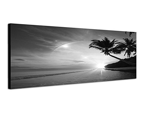 Augenblicke Wandbilder Keilrahmenbild Panoramabild SCHWARZ/Weiss 150x50cm Strand Meer Palmen Sonnenuntergang