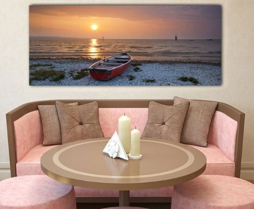 Leinwandbild Panorama Nr. 118 Meer mit Boot 100x40cm, Keilrahmenbild, Bild auf Leinwand, Abendrot Strand Sonne