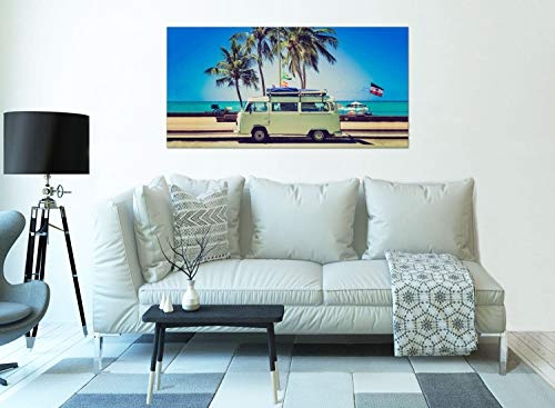 Topquadro XXL Wandbild, Leinwandbild 100x50cm, Vintage Volkswagen und Palmen am Strand - Retro, Meer und Sommer - Panoramabild Keilrahmenbild, Bild auf Leinwand - Einteilig, Fertig zum Aufhängen