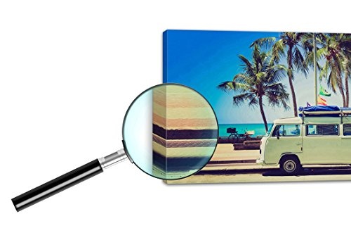 Topquadro XXL Wandbild, Leinwandbild 100x50cm, Vintage Volkswagen und Palmen am Strand - Retro, Meer und Sommer - Panoramabild Keilrahmenbild, Bild auf Leinwand - Einteilig, Fertig zum Aufhängen