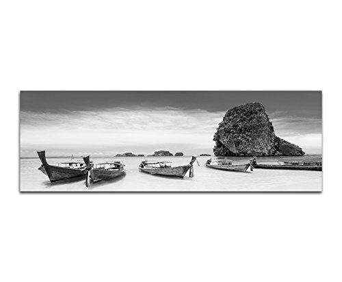 Augenblicke Wandbilder Keilrahmenbild Panoramabild SCHWARZ/Weiss 150x50cm Thailand Fels Strand Meer Boote