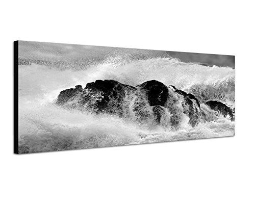 Augenblicke Wandbilder Keilrahmenbild Panoramabild SCHWARZ/Weiss 150x50cm Meer Felsen Wellen Sturm