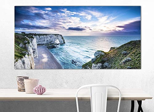 XXL Wandbild, Leinwandbild 100x50cm, Meer bei Sonnenuntergang, Kliff und Strand - Étretat Normandie Frankreich - Panoramabild Keilrahmenbild, Bild auf Leinwand - Einteilig, Fertig zum Aufhängen