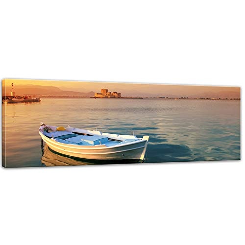 Keilrahmenbild - traditionelles griechisches Fischerboot - Bild auf Leinwand - 160 x 50 cm - Leinwandbilder - Bilder als Leinwanddruck - Urlaub, Sonne & Meer - Griechenland - Hafen im Sonnenuntergang