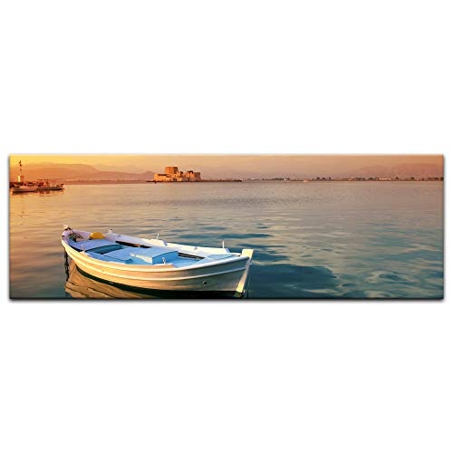 Keilrahmenbild - traditionelles griechisches Fischerboot - Bild auf Leinwand - 160 x 50 cm - Leinwandbilder - Bilder als Leinwanddruck - Urlaub, Sonne & Meer - Griechenland - Hafen im Sonnenuntergang