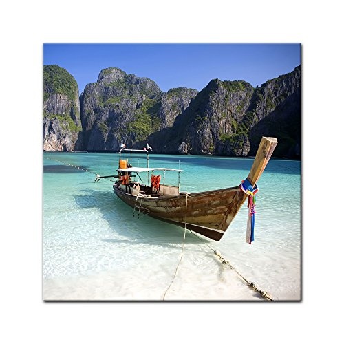 Keilrahmenbild - Maya Bay, KOH Phi Phi Ley - Thailand - Bild auf Leinwand - 80 x 80 cm - Leinwandbilder - Bilder als Leinwanddruck - Urlaub, Sonne & Meer - Asien - Boot am Strand