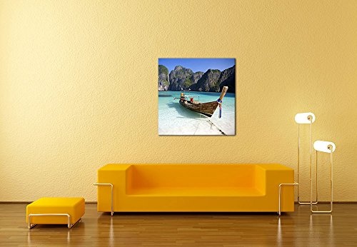 Keilrahmenbild - Maya Bay, KOH Phi Phi Ley - Thailand - Bild auf Leinwand - 80 x 80 cm - Leinwandbilder - Bilder als Leinwanddruck - Urlaub, Sonne & Meer - Asien - Boot am Strand