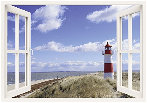 Artland Qualitätsbilder I Bild auf Leinwand Leinwandbilder Wandbilder 100 x 70 cm Landschaften Fensterblick Foto Weiß A8MS Fensterblick Leuchtturm Sylt