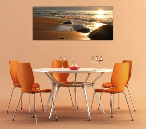 Leinwandbild Panorama Nr. 29 Steine am Strand 100x40cm, Keilrahmenbild, Bild auf Leinwand, Kunstdruck Meer Sonne Welle