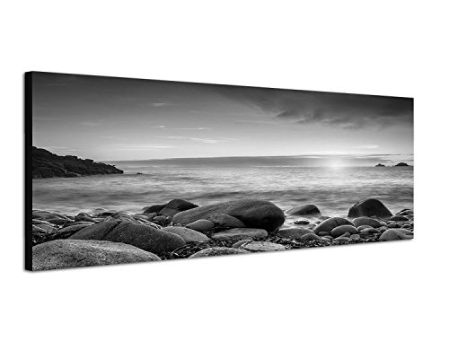 Augenblicke Wandbilder Keilrahmenbild Panoramabild SCHWARZ/Weiss 150x50cm Cornwall Meer Steine Sonnenuntergang