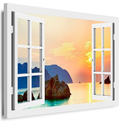 BOIKAL XXL80-5 Fensterblick Leinwand bild 3D Illusion - FERTIG GERAHMTE BILDER Kein POSTER ! ! Wandbild 100 x 80 cm Weiß ! Farbe - Große 21 Variante wählbar ! Fenster Kunstdruck Landschaft Berge, Riffen, Felsen, Meer