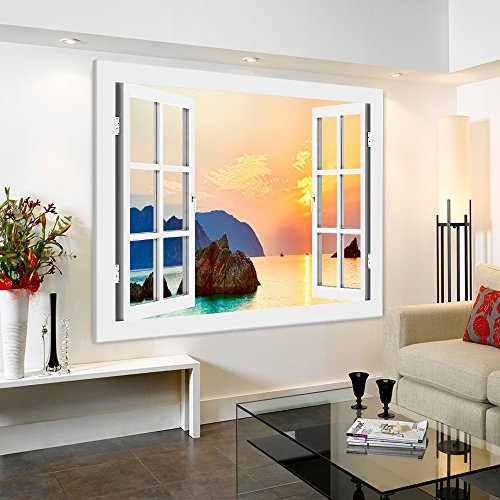 BOIKAL XXL80-5 Fensterblick Leinwand bild 3D Illusion - FERTIG GERAHMTE BILDER Kein POSTER ! ! Wandbild 100 x 80 cm Weiß ! Farbe - Große 21 Variante wählbar ! Fenster Kunstdruck Landschaft Berge, Riffen, Felsen, Meer