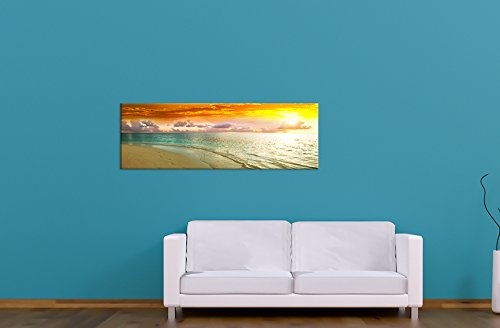 Keilrahmenbild - Strand Sonnenuntergang II - Bild auf Leinwand - 120x40 cm - Leinwandbilder - Urlaub, Sonne & Meer - Brandung - türkisblaues Wasser - Sonnenaufgang
