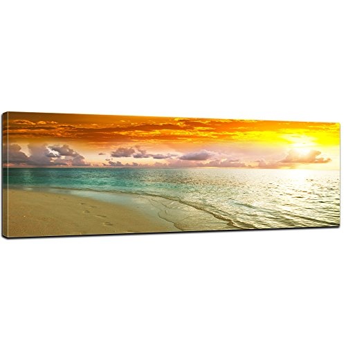 Keilrahmenbild - Strand Sonnenuntergang II - Bild auf Leinwand - 120x40 cm - Leinwandbilder - Urlaub, Sonne & Meer - Brandung - türkisblaues Wasser - Sonnenaufgang