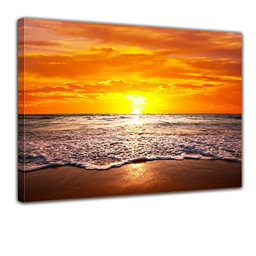 Keilrahmenbild - Strand Sonnenuntergang I - Bild auf Leinwand - 120x90 cm 1 teilig - Leinwandbilder - Landschaften - Meer - Brandung - Himmel