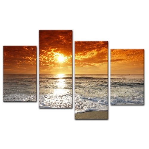 Wandbild - Sonnenuntergang in Korsika - Bild auf Leinwand - 120x80 cm 4 teilig - Leinwandbilder - Bilder als Leinwanddruck - Urlaub, Sonne & Meer - Europa - Italien - Mittelmeer - Sonne über dem Meer
