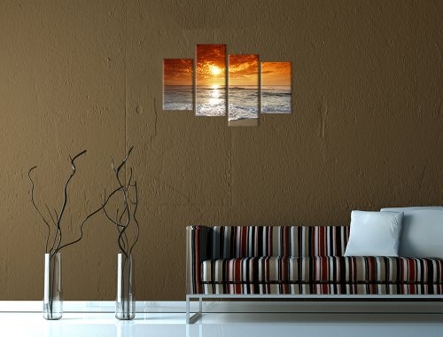 Wandbild - Sonnenuntergang in Korsika - Bild auf Leinwand - 120x80 cm 4 teilig - Leinwandbilder - Bilder als Leinwanddruck - Urlaub, Sonne & Meer - Europa - Italien - Mittelmeer - Sonne über dem Meer