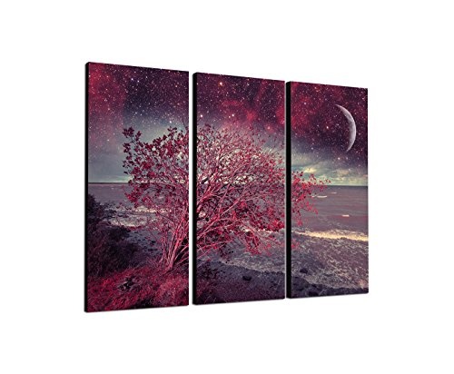 130x90cm - Keilrahmenbild Nacht Meer roter Baum 3teiliges Wandbild auf Leinwand und Keilrahmen - Fotobild Kunstdruck Artprint